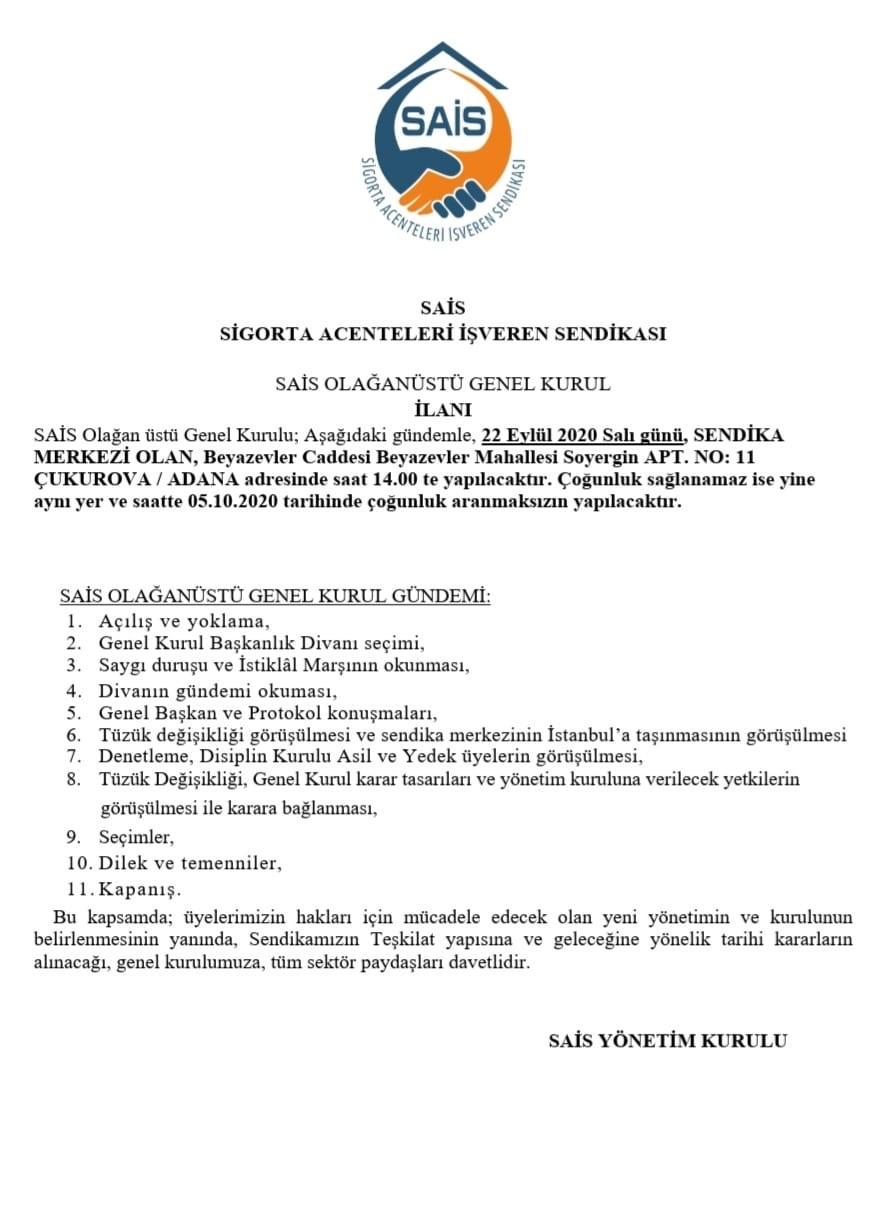 Sigorta Acenteleri İşverenleri Sendikası SAİS ’in Olağanüstü Genel Kurulu | 16 Eylül 2020