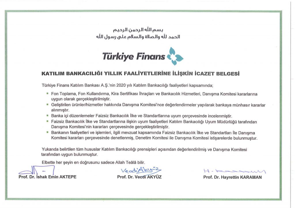 Türkiye Finans Katılım Bankası - Katılım Bankacılığı Faaliyetleri İcazet Belgesi