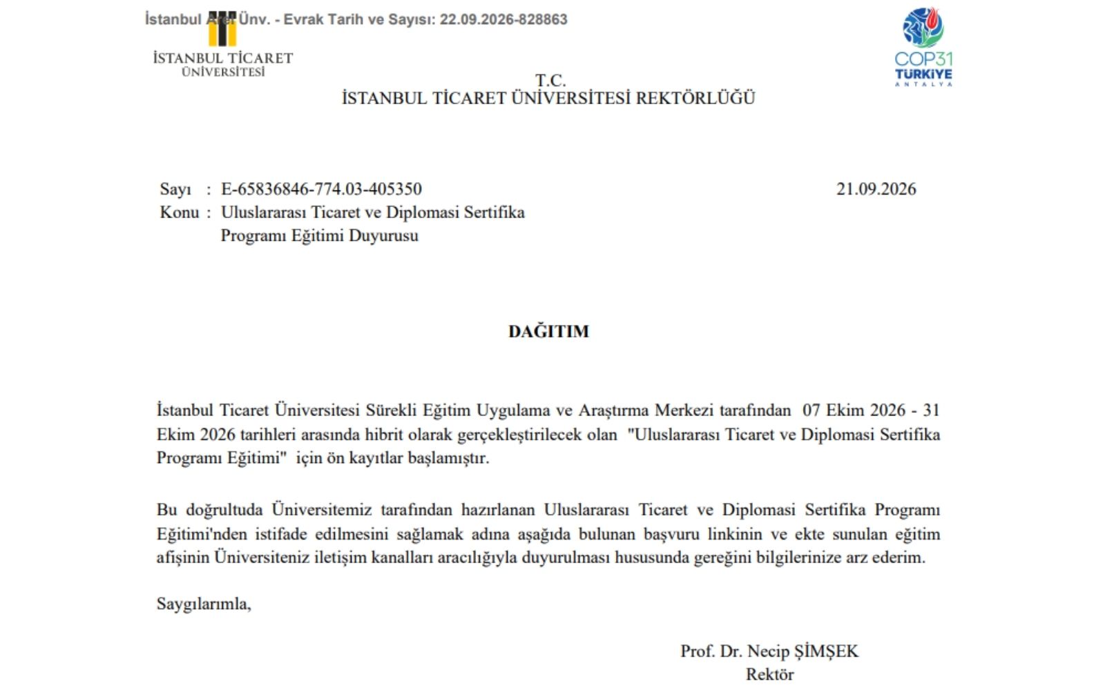 Uluslararası Ticaret ve Diplomasi Sertifika Programı Başlıyor